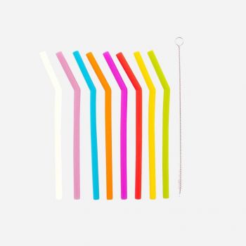 Dotz set of 8 bent silicone drinking straws in different colors with cleaning brush 16.5cm