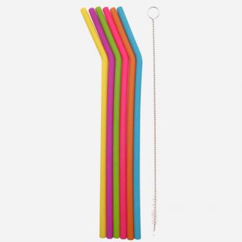 Dotz set of 6 bent silicone drinking straws in different colors with cleaning brush 25cm