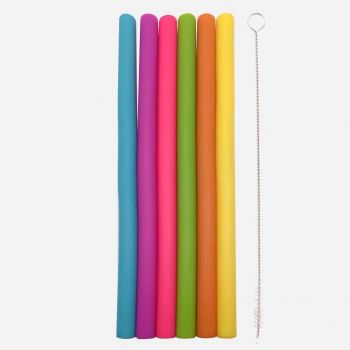 Dotz set of 6 straight silicone drinking straws in different colors with cleaning brush 25cm