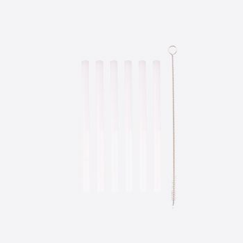 Point-Virgule set of 6 short glass cocktail drinking straws white with cleaning brush and pouch 14cm