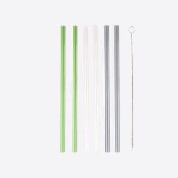 Point-Virgule set of 6 glass drinking straws transparent; grey and green with cleaning brush and pouch 21.5cm
