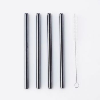 Point-Virgule set of 4 short cocktail drinking straws stainless steel black with cleaning brush 14cm
