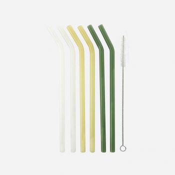 Point-Virgule set of 6 bent glass straws yellow; white and green with brush and pouch 21.5cm